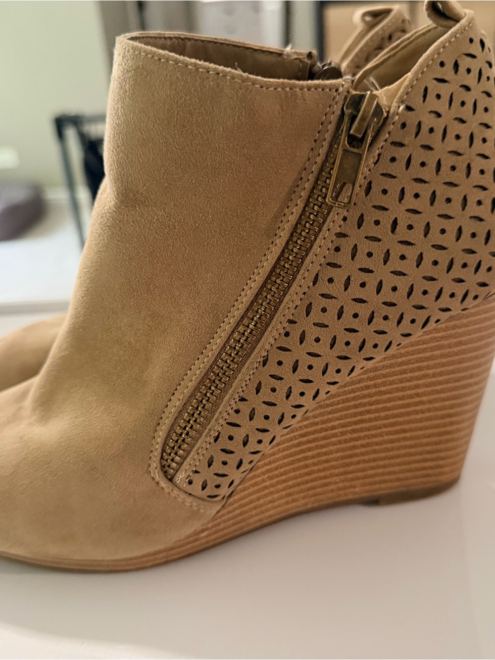 JustFab Tan Perforated Suede Wedge Booties with Side Zipper